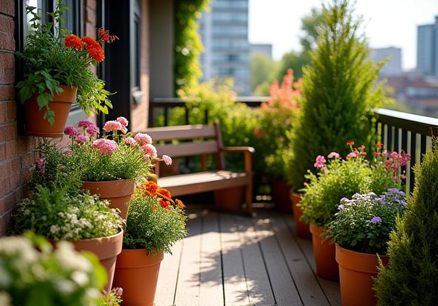 The same balcony filled with vibrant container plants and flowers.