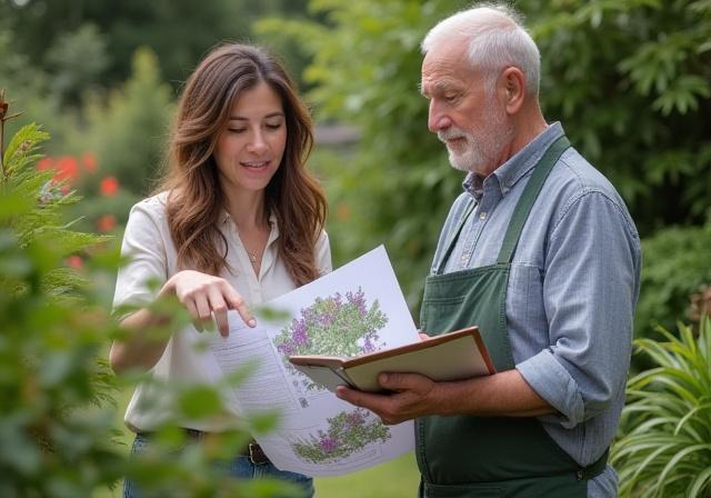 A horticulturalist discussing garden plans with a homeowner.